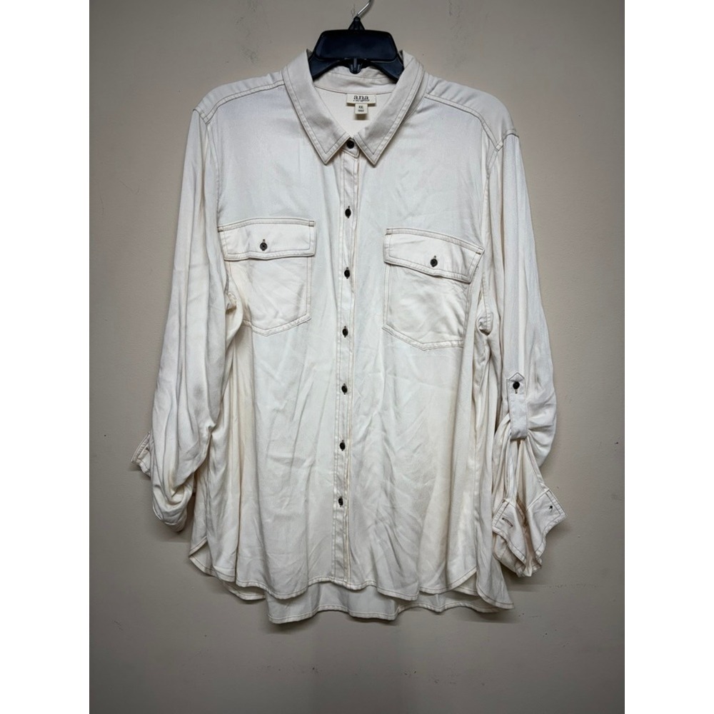 ANA A New Approach Women's XXL Ivory Button Up Shirt Rayon Long‎ Sleeve Casual